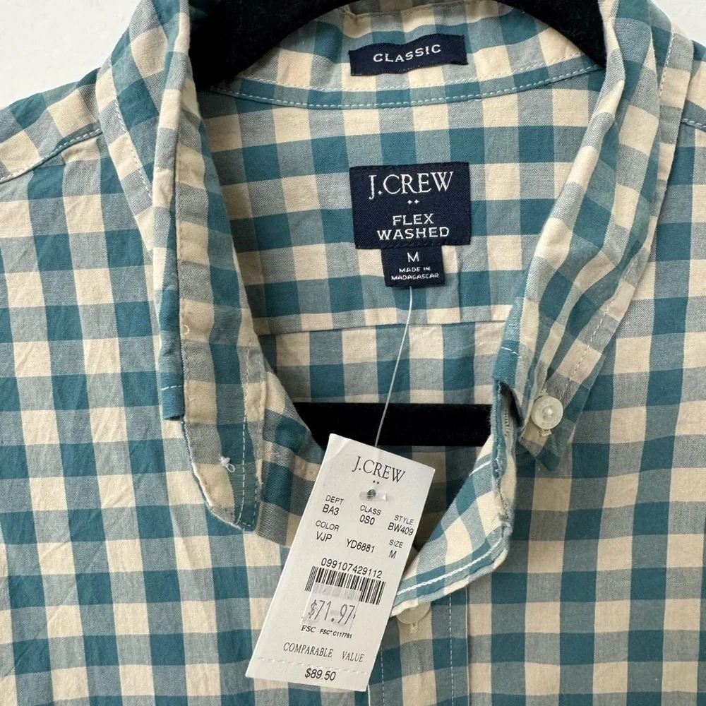 J. Crew Men’s Teal and White Gingham Button-Down Shirt